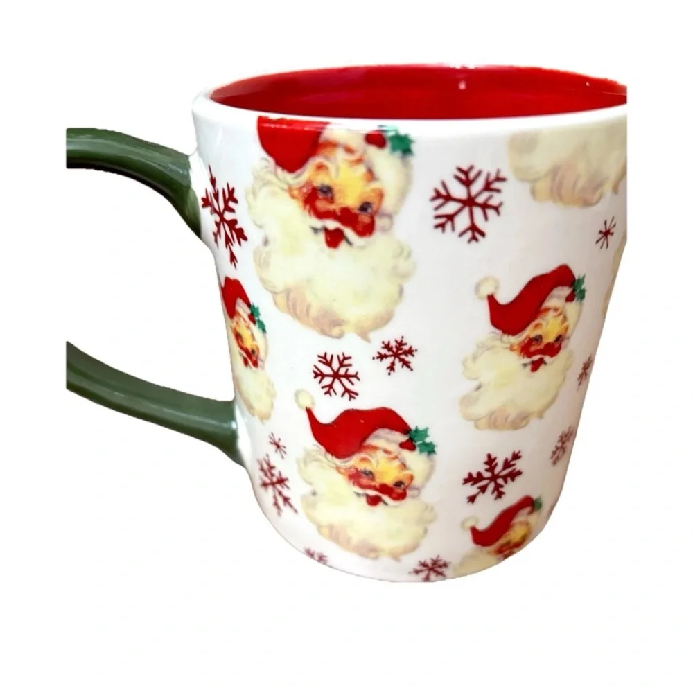 RETRO ROSY CHEEKED SANTA CLAUS MUG VINTAGE STYLE RED INTERIOR GREEN HANDLE 16.7
